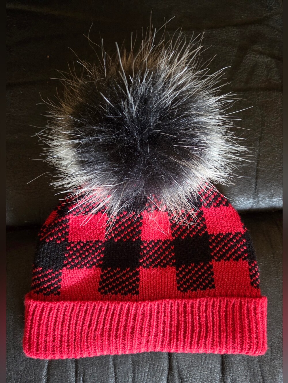 NWOT Kid's Red and Black Buffalo Plaid Pom Pom Hat Beanie Size 0/3 Months